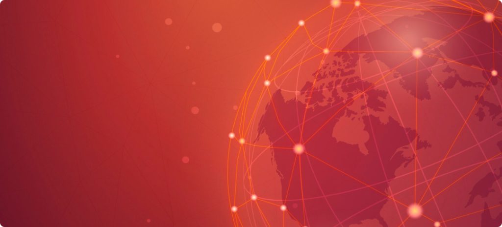 Pink and red planet earth with a network of white dots and lines connecting them
