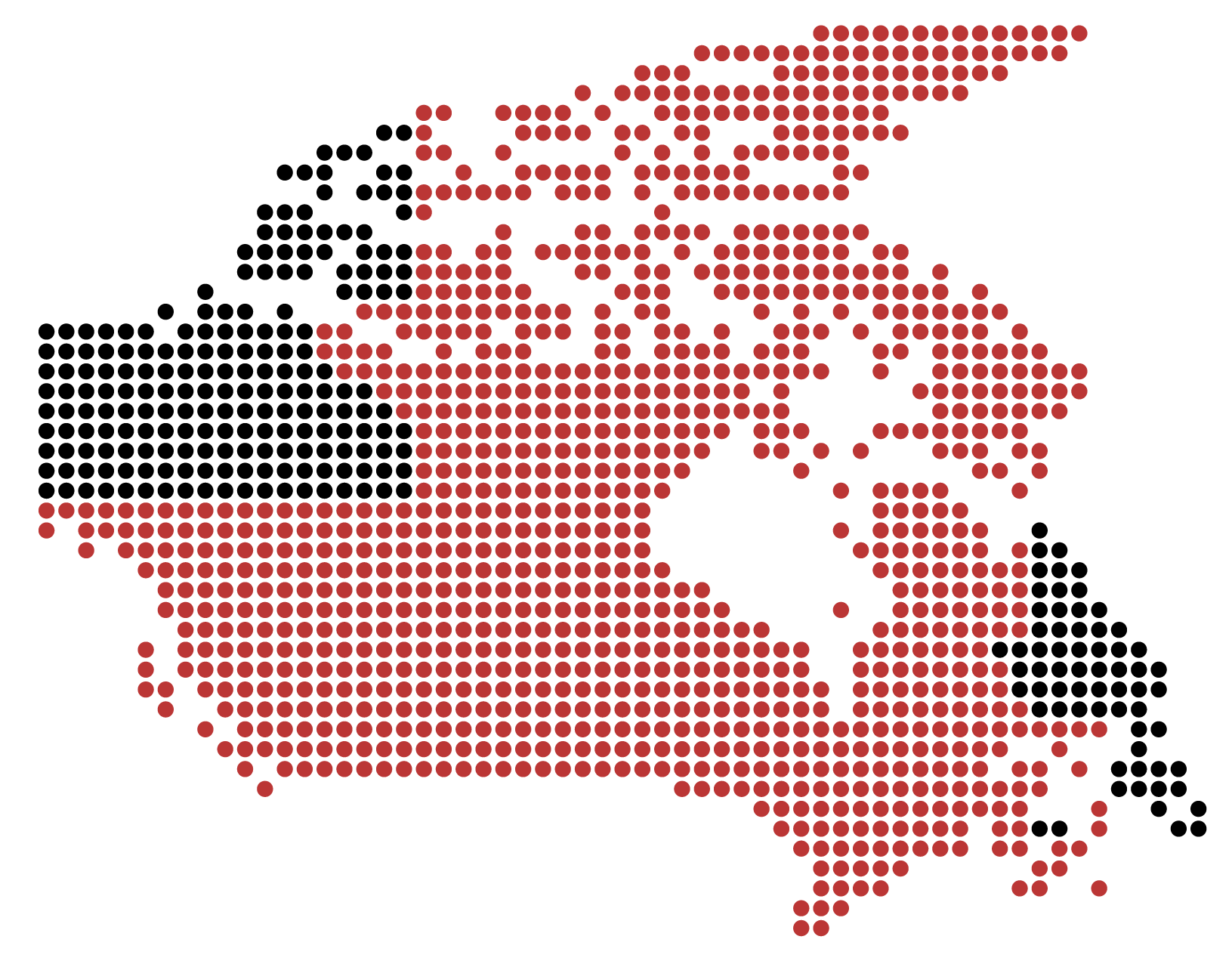 Map of Canada graphic with red and black dots